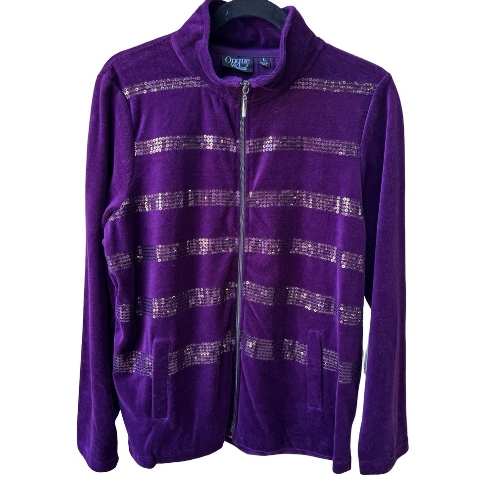 Onque Casual Y2K Glam Sequin Striped Velour Zip Athleisure Jacket Amethyst L NEW